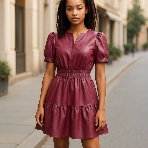 HAILEY & CO. Dresses & Skirts - Women's Faux Leather Puff-Sleeve Dress — Bordeaux